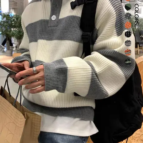【Black Friday】Men's Patchwork Print Long Sleeve Half-Button Knitted Polo Sweater Pullover, Loose Casual Chic Knitwear Drop Shoulder Collared Jumper for Fall & Winter, Daily Wear