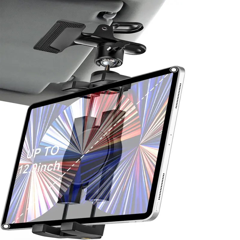 Car Sun Visor Tablet Holder, 360° Rotatable Car Sun Visor Tablet Clip, Universal Steering Wheel Tablet Clip with 1/4 Inch Screws, Compatible with iPad Pro Air Mini, Cell Phones, 4.7-12.9 Inch Devices