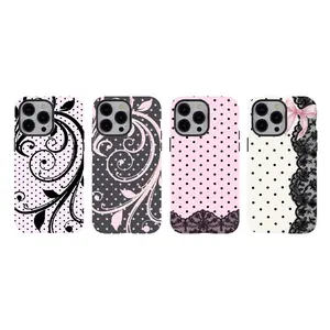 [No magnetic]  Lace & Polka Dot Phone Case,Coquette Swirl Floral Print Aesthetic Dual-Layer design durable phone Cover,for iPhone 17 16 15 14 13 12 11 8 7 for Samsung Series,Shockproof Protective hard Cover,perfect gift for her