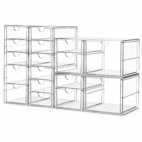 Clear Acrylic Makeup Organizer - 17-Drawer Vanity Storage Set (4 Pack) for Cosmetics, Palettes & Beauty Supplies