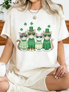 Loose and Cute Cat Lady T-shirt - St. Patrick's Day Lucky Cat Printed Shirt, Adorable Animal Plant Style Daily Casual Top