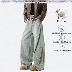 Men's cotton-lined ripped oversized curved jeans, loose fit, straight leg, wide-leg, washed trousers, perfect for spring and autumn.