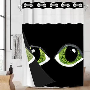 1 Pack No Hook Double Layer Shower Curtain, Halloween Black Cat Eyes Print Bath Curtain, Waterproof, Mildew Resistant, Durable Fabric, Spooky Home Decor, Removable Liner, Top See-Through Window, Partition Curtain 71"×74"