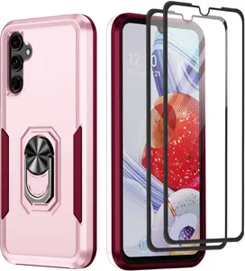 Samsung Galaxy A14 5G Case with Screen Protector, Military Grade Dual Layer Shockproof Heavy Duty Shockproof Full Body Protective Phone Cover, Built in Rotatable Magnetic Ring Holder for A14 (Pink)