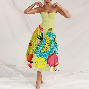 Women's Casual Pop Art Fruit Slice Print Sling Halter-Neck Dress, Vitality-Infused Spring Summer Dress