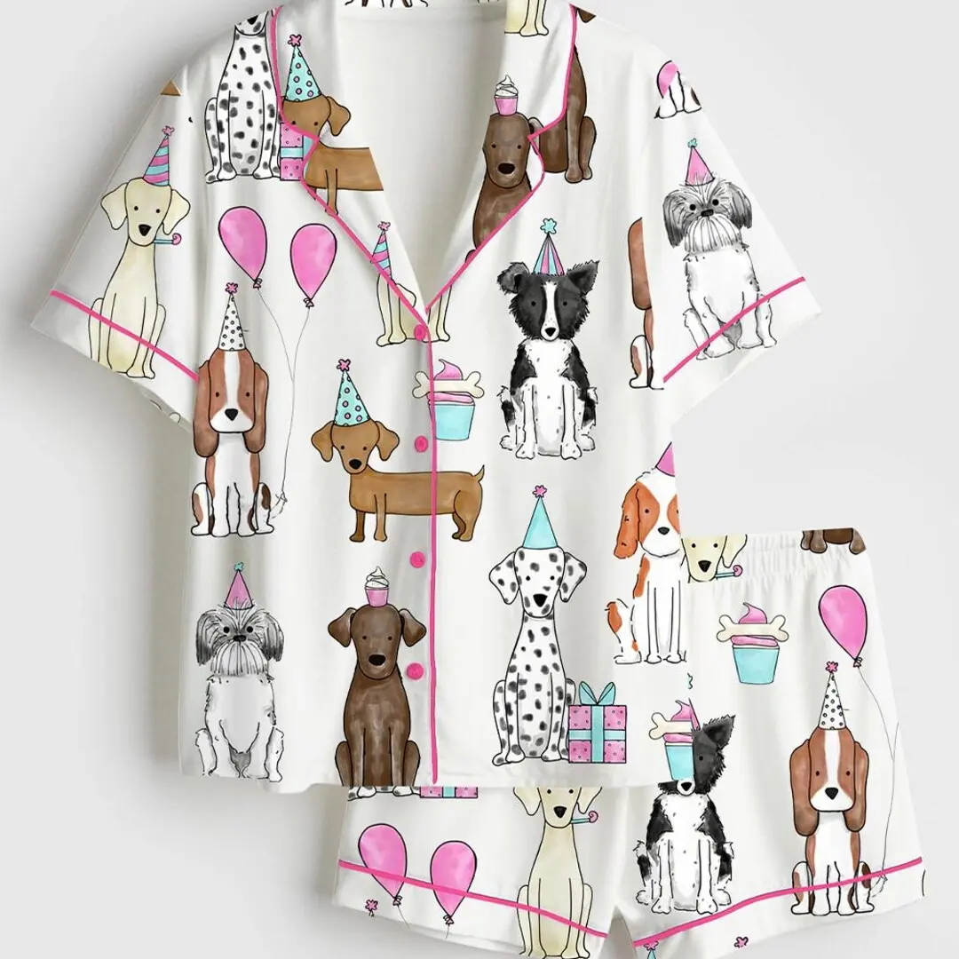 Dog Birthday Pajama Set Women Satin Sleepwear Puppy Party Loungewear