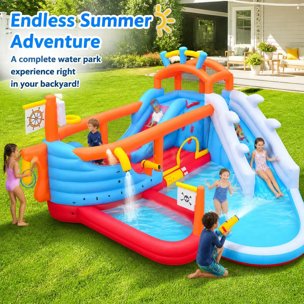 ARCH 9-in-1 Inflatable Slide Park - Dual Slides, Climbing Wall, Basketball Hoop, Ring Toss, Water Guns, Splash Pool for Kids’ Outdoor Backyard Summer Fun, Home Decor Use, Water Slides