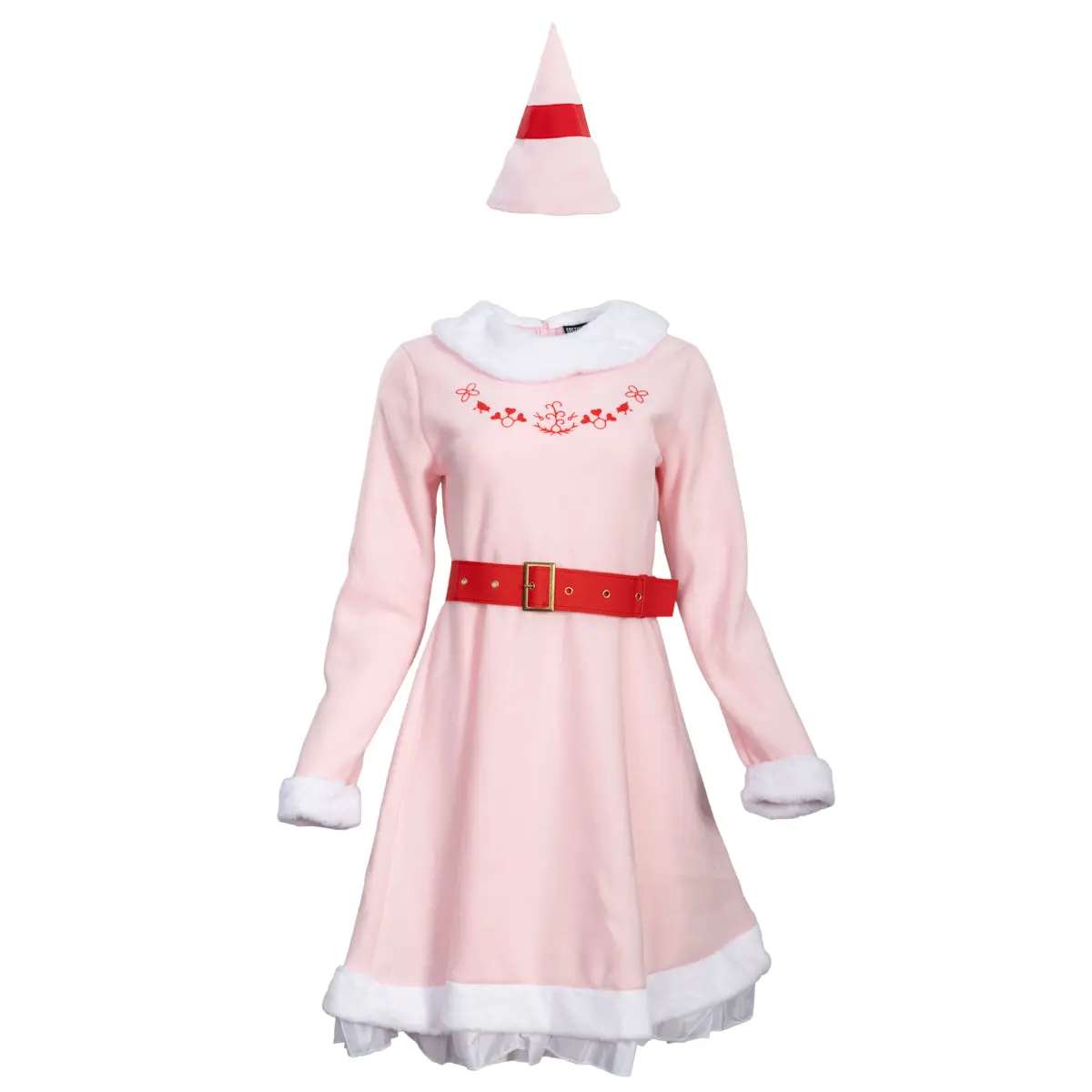 Mrs. Elf Christmas Halloween Costume Adults Holiday Pink Dress, Red Belt & Hat Festive Women’s Elf Outfit