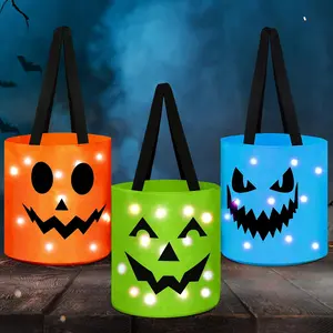 Reusable LED Halloween Candy Bag with Jack-o'-Lantern Faces and Glowing Lights for Trick-or-Treating