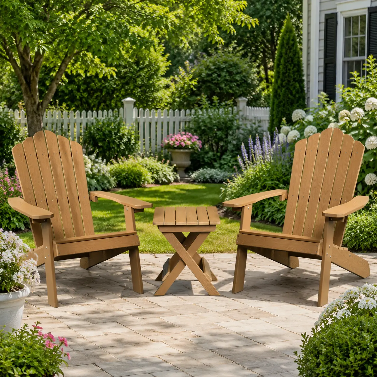 ALLWEX HDPE Adirondack Chair & Folding Side Table Set, Weather Resistant Wood Grain Patio Furniture for Backyard & Deck