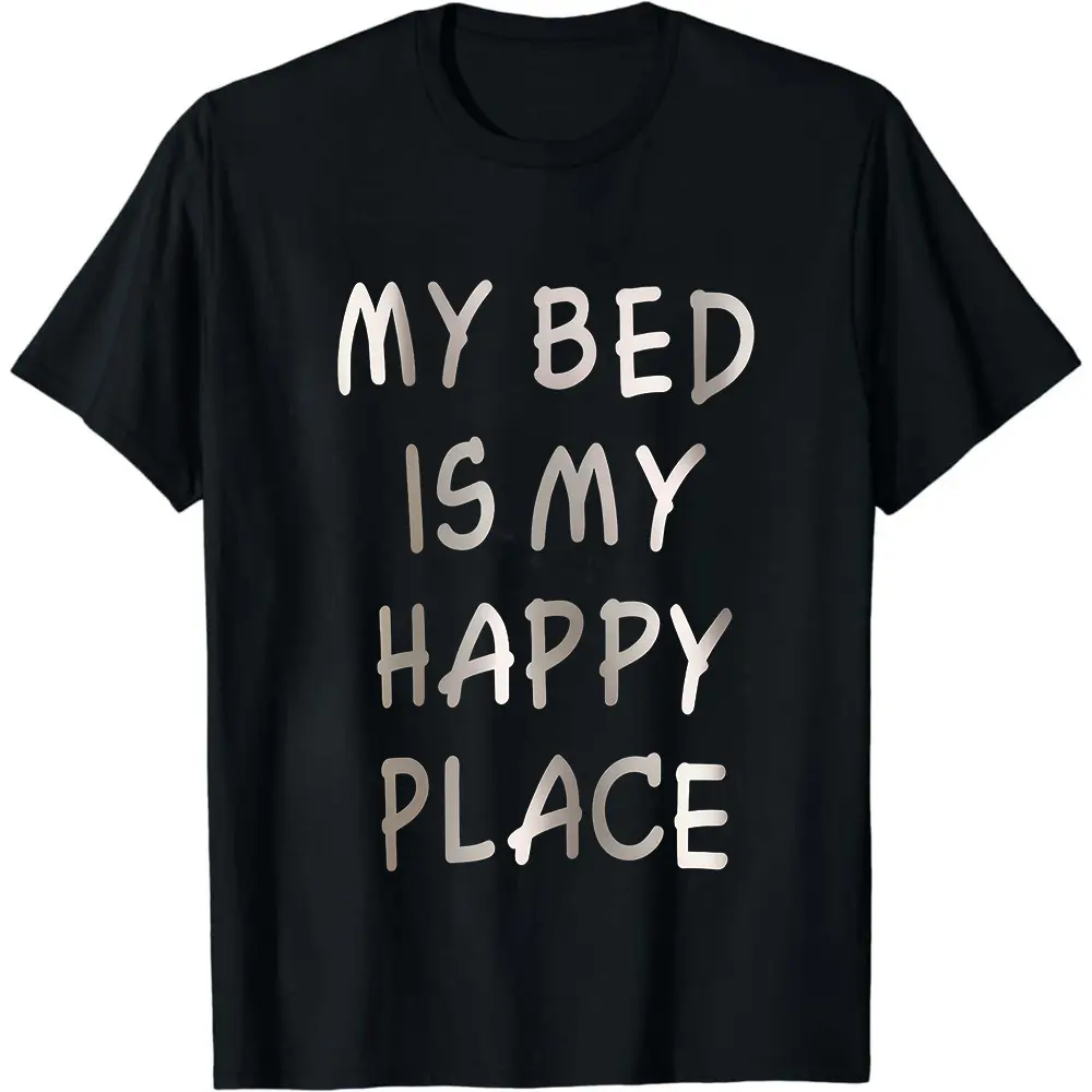 Women'S "My Bed is My Happy Place" Graphic Print Sleepshirt Dress - Casual Crew Neck, Short Sleeve, Stretchy Polyester Blend, Machine Washable - Spring/Summer Style, White with Black Lettering, Comfortable Nightwear