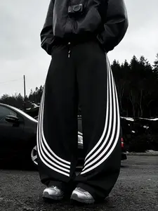 Unisex loose-fit joggers, Y2K style, curved stripes, wide-leg design, street hip-hop aesthetic, relaxed fit, suitable for skateboarding, fitness, and everyday wear, retro athletic streetwear, Balenciaga-inspired cut, unisex casual joggers.