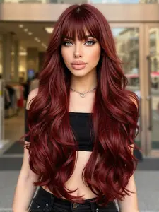 26-Inch Wine Long Curly Bangs Wig for Women, Synthetic Hair Wig for Halloween, Cosplay, Festivals, Daily Wear, Easy Styling, Wavy Synthetic Wigs, Wigs With Bangs