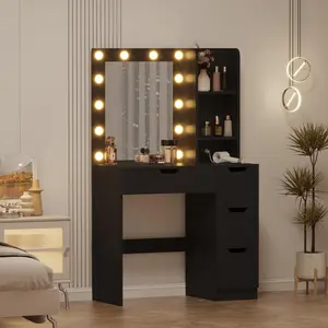 Black/White Vanity Desk with Mirror & USB Charging Station 4 Drawer Makeup Table with Hollow Design 3 Lighting Modes Adjustable Brightness Hidden Storage Stool Dressing Table for Bedroom