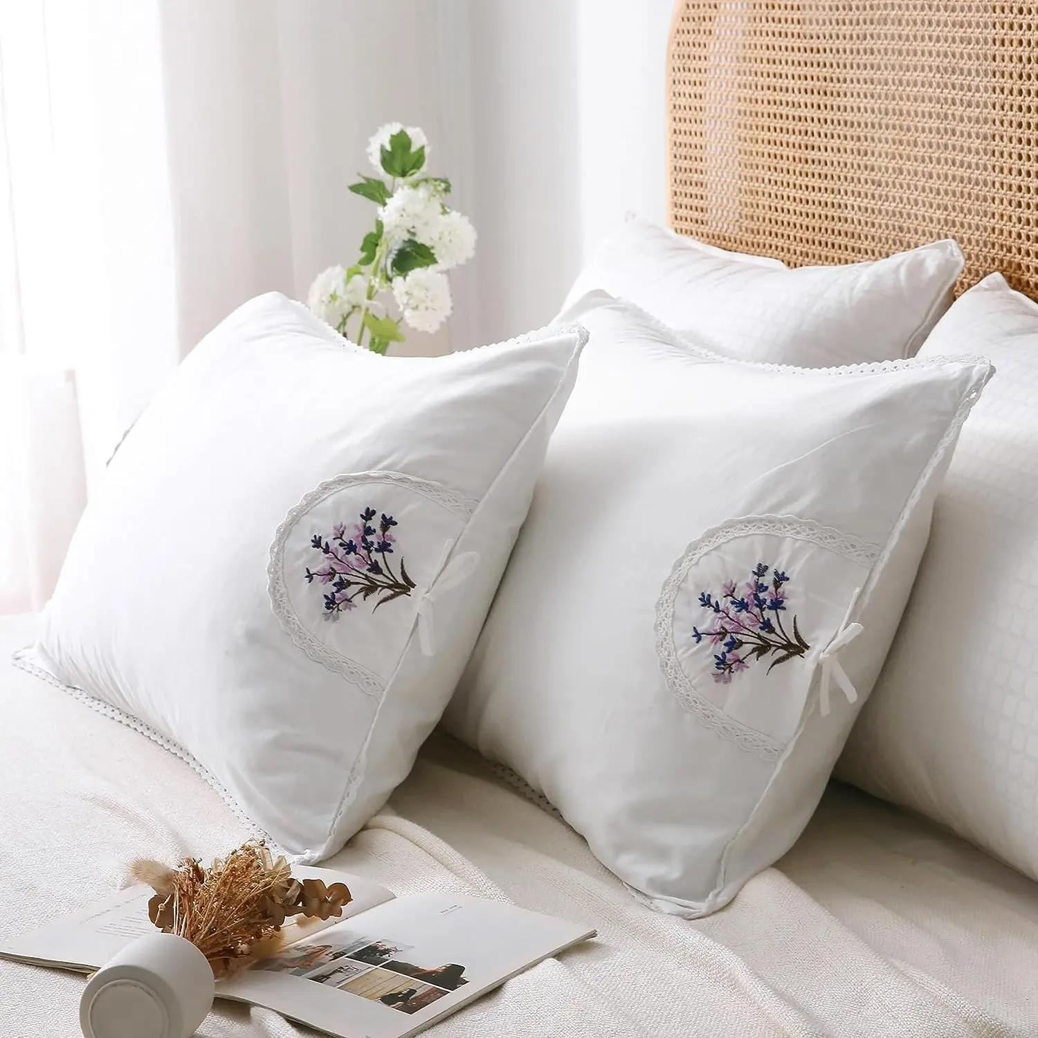 White Embroidery Pillowcases Lavender Flower Pillow Shams with lace 100% Cotton 2-Pack Twin Standard Size (26"x20")