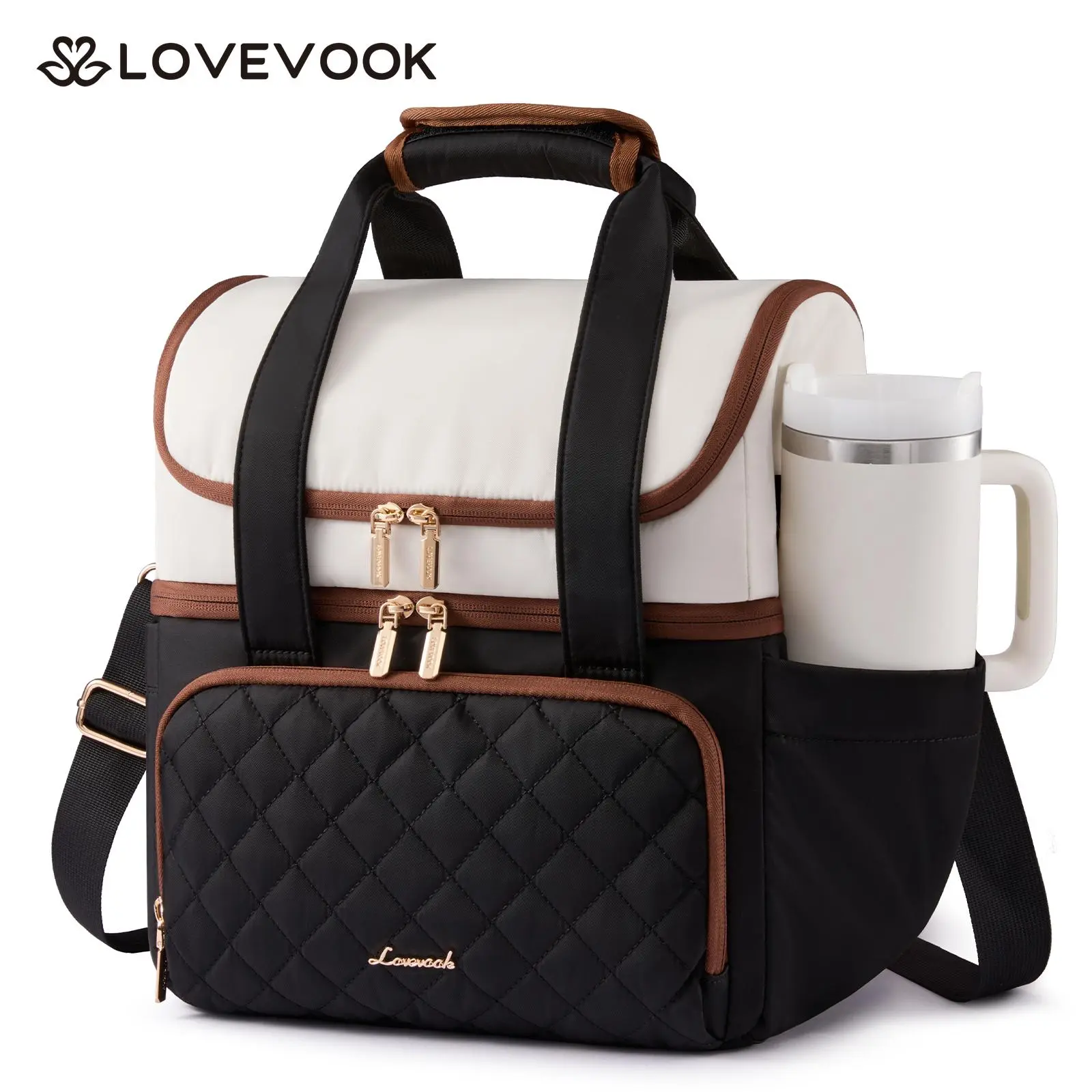 LOVEVOOK Insulated Lunch Bag For Women,Large Double Deck Adult Lunch Box,Teacher Lunch Tote Bag With Cup Holder,Leakproof Cooler Bag With Adjustable Shoulder Strap For Work Picnic Beach,Larger 15L