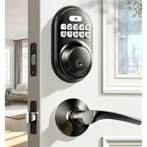 Door Lock with 2 Lever Handles - Deadbolt, Auto Lock, Back Lit & Easy Installation, Front Door Handle Sets, Black
