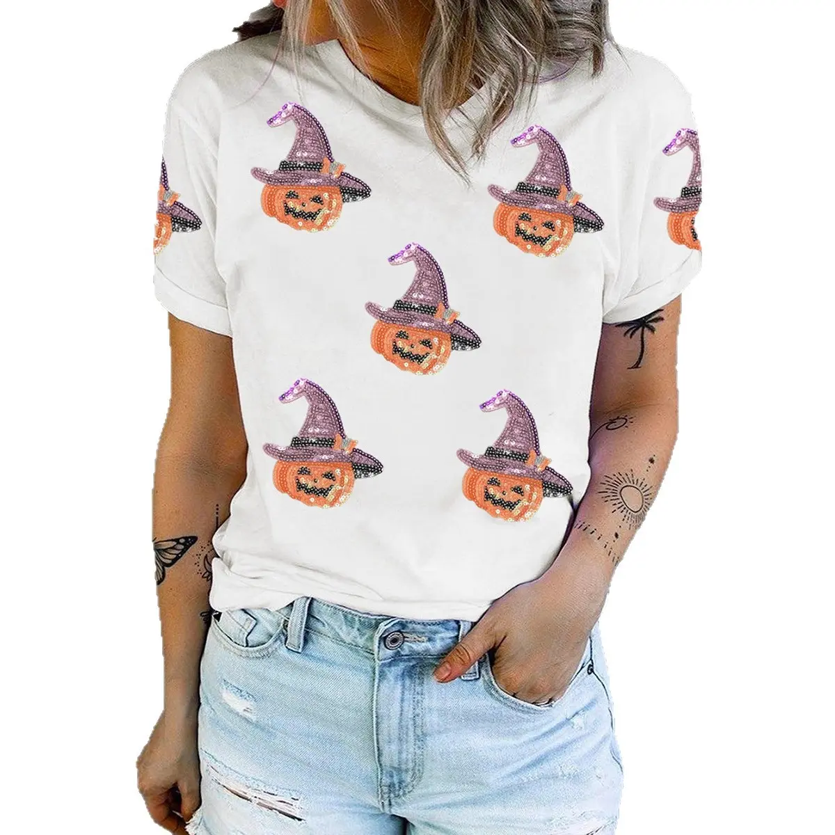 Women's Casual White T-Shirt, Short-Sleeve Halloween Top featuring a Sequin Pumpkin Witch Graphic, Shortsleeve, Tshirt, Plus Size, Pumpkin Print, Sequin Accents, Regular Sleeves
