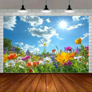 Modern Farmhouse 1pc Vibrant Meadow Sunlight Party Banner - Colorful Amber Glow Polyester Backdrop with Blooming Flowers & Lush Greenery, Perfect for Home Decor, Room Wall Decoration, and All-Season Party Photo Pr Ornaments