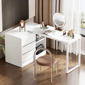 LITTLE TREE Vanity Desk with 3 Drawers and 2 Shelves, White Small Makeup Vanity Table with Reversible Storage Cabinet, Modern White Corner Dressing Table for Bedroom, Makeup Room (Mirror not Included)