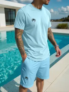 Two-piece Set Matching Shorts Set Men's Regular Fit Tropical Palm Tree Print Short Sleeve Tee & Drawstring Waist Shorts Set, Casual Round Neck T-shirt & Shorts, Two-piece Outfits for Summer Beach Vacation, Menswear