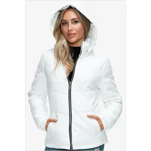 Women's White Zip-Up Puffer Jacket with Removable Hood
