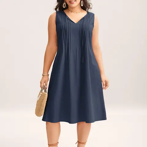 BloomChic Cotton Toothpick Pleat Plain Midi Dress 【M-6XL】