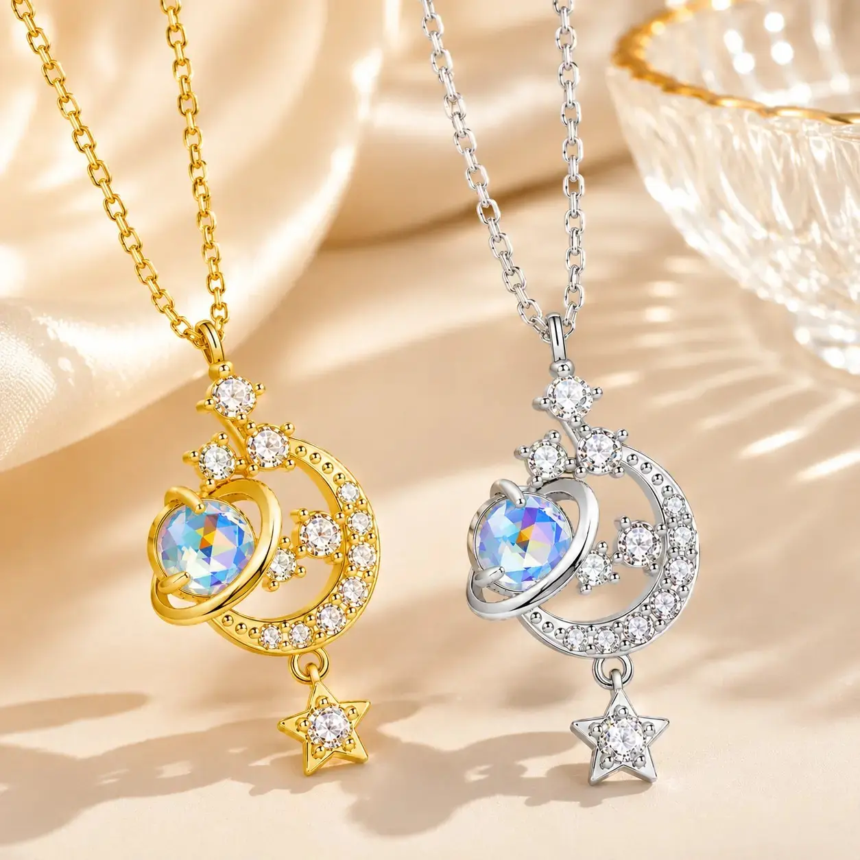 Crystal Planet and Star Necklace, Aesthetic Cosmic Motif Jewelry, Dainty Pendant for Women, Birthday Anniversary Gift, Crystal Necklaces, Cosmic Motif Necklaces