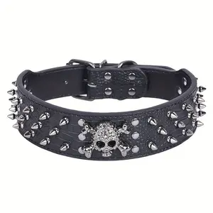 Punk Spiked Studded Dog Collar with Skull Charm - 2" Wide Heavy Duty PU Leather Pet Collar for Large Medium Dogs, Pitbull, Bulldog - Anti-Bite Adjustable Neck Strap Bold Aggressive