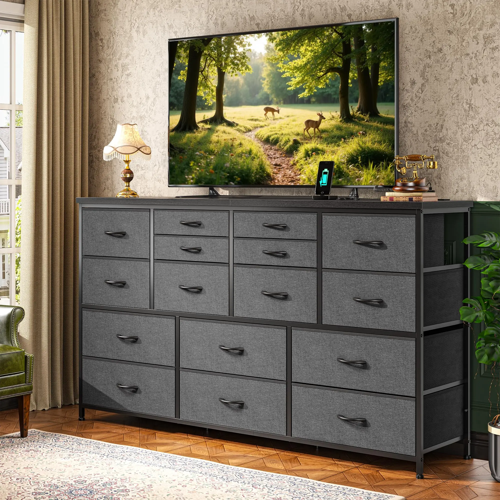 Raybee Furniture Dresser for Bedroom with 16 Fabric Drawers Long Dresser  with Charging Station TV Stand for 60" TV Dressers & Chest of Drawers for  Bedroom, Living Room - TikTok Shop