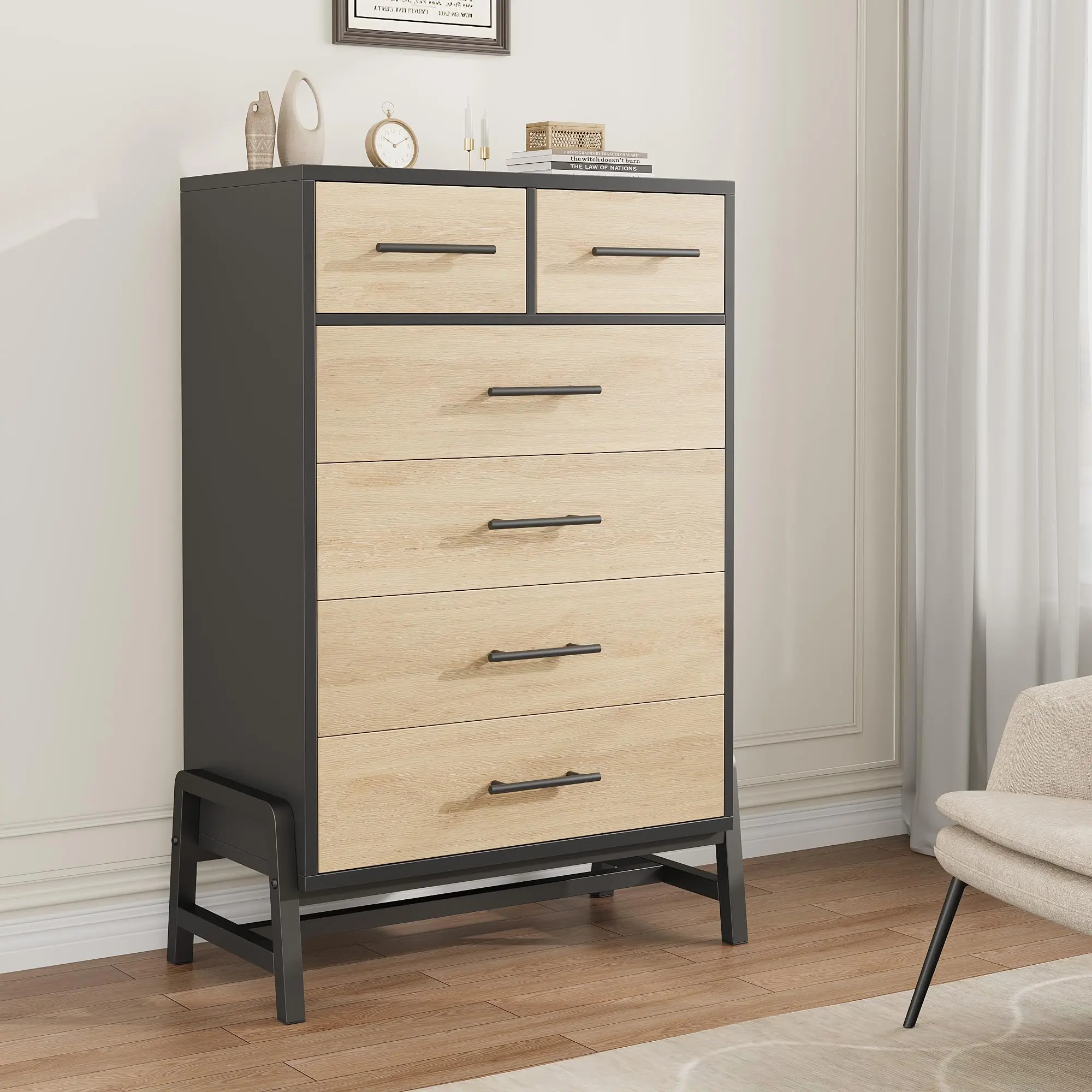 Garvee Dresser for Bedroom with 6-Drawer, 46.6" Wide Modern Chest of Drawers with Metal Handles, Anti-Tip Closet Organizers and Storage for Living Room, Bedroom, Entryway