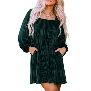Asvivid Women's Tie Back Square Neck Velvet Babydoll Dress with Pockets for Spring Fall Fashion Long Sleeve Sweet Holiday Dresses Longsleeves Lady Womenswear Casual Wear