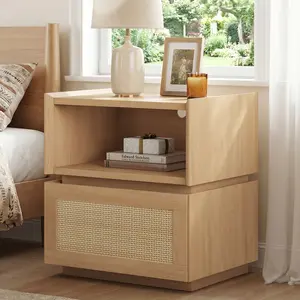 Sikaic Modular Rattan Nightstand with Open Compartment and Drawer, Stackable Storage Drawers, Combinable Bedside Table, Wooden Side Table, Multi-Purpose Storage Cabinet for Bedroom, Living Room, Entryway, Natural Oak summergarden