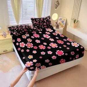 Black background gradient pink cherry blossom printed bed sheet set, Includes 1 Bed Sheet & 2 Pillowcases without Filler. Cool & romantic, smooth & skin-friendly, ideal for personalized minimalist decor, great for gift & personal use.