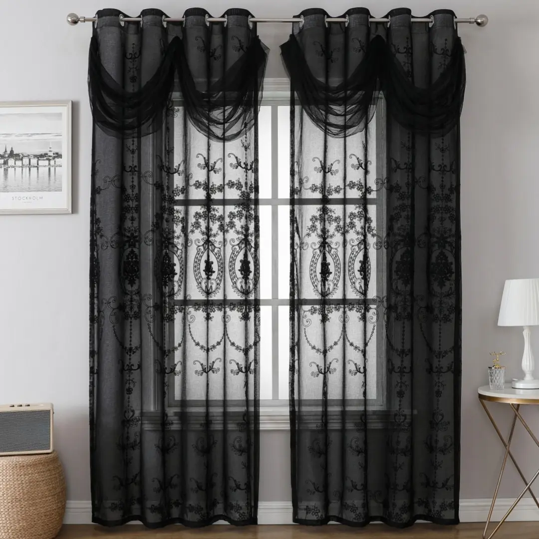 French Romantic Lace Floral Embroidered Curtain, Vintage Style Drapes with Skirted Header, Bedroom Wedding Home Decor Window Curtains