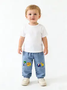 Baby Animal Embroidered Jeans, Cute Fitted Denim Jeans for Spring & Fall, Elastic Waist and Cuff Design, Casual Wear for Daily Use