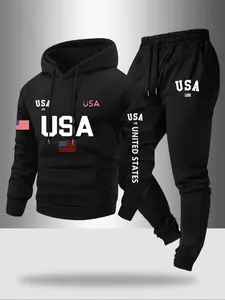 Men's Fall Winter Fleece Sweatshirt Set, Letter Flag Graphic Hoodie + Drawstring Casual Sport Pants, 2 Piece Set, Streetwear Tracksuit Set, Sweatsuits Set