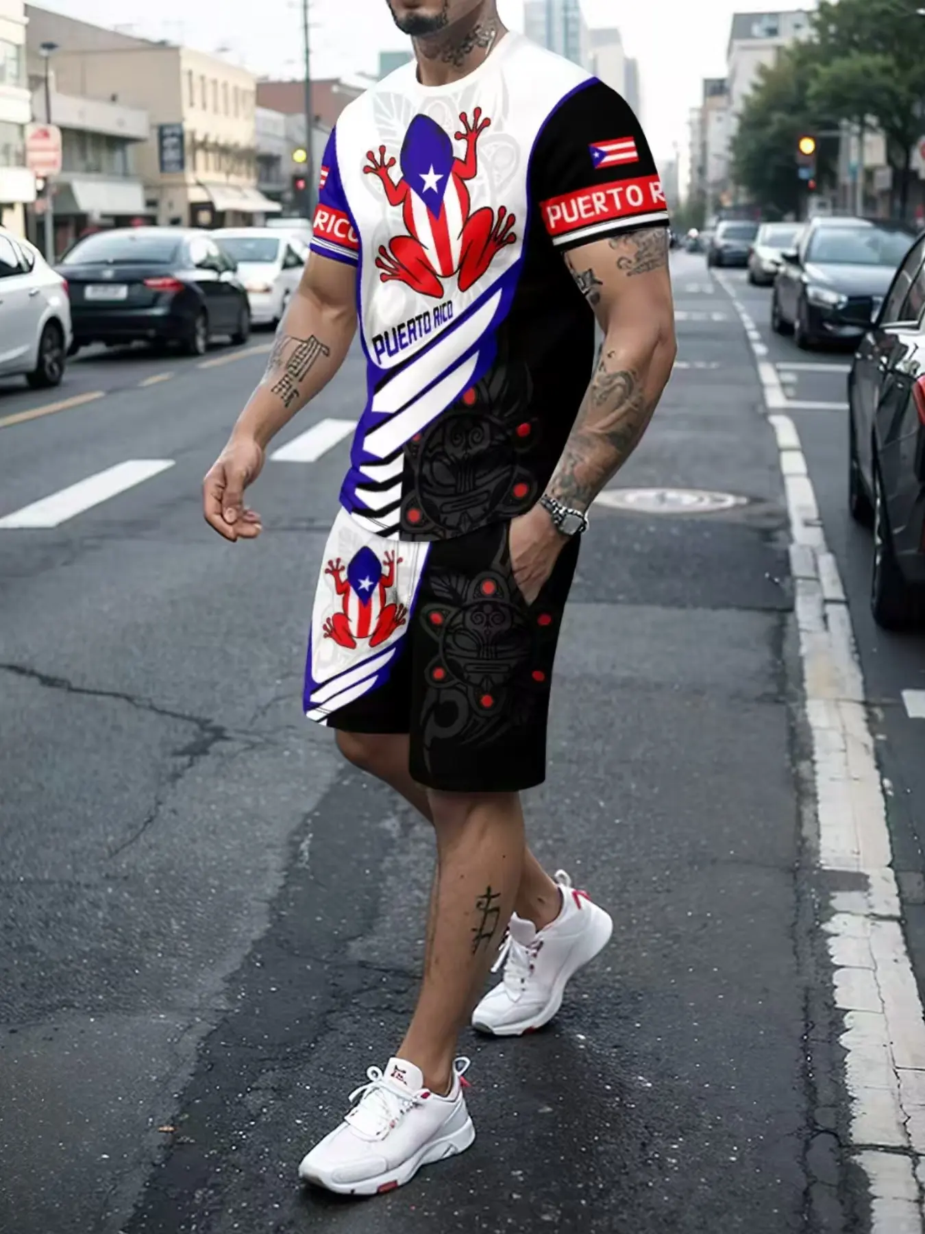 Men's Puerto Rico Coqui Frog Flag Graphic Print 2-Piece Outfit, Menswear Short Sleeve T-Shirt & Drawstring Shorts, Casual Streetwear, Casual Set