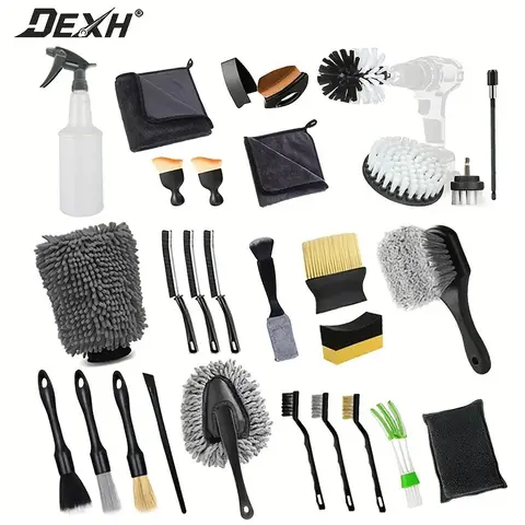 28-Piece Auto Detailing Drill Brush Set - Car Cleaner with Drill-Brush Reach, Dual-Ended Polyethylene-Acrylic-Compound Bristles, Automotive Maintenance Tool Kit for Wheels, Windshield