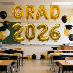 10Pcs 16 Inch Gold Shiny “GRAD 2026” Graduation Foil Balloon Set | Metallic Letter Balloons + Graduation Cap Theme | Perfect for Graduation Party, Ceremony, School Celebration, Family Gathering, Backdrop, Photo Area, Stage Decor | Helium Floatable