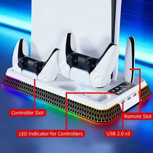 All-In-One Vertical RGB Cooler Stand for PS5/PS5 Slim/PS5 Pro – with Gamepad Charging Base, Headset Hanger & USB Interface