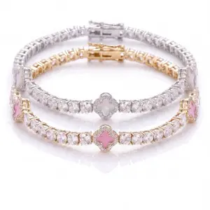 Nova Rose 4mm Clover Tennis Bracelet – 14K Gold Plated & Silver, Hypoallergenic Brass, CZ Diamond Bracelet for Women, Pink & White Clover