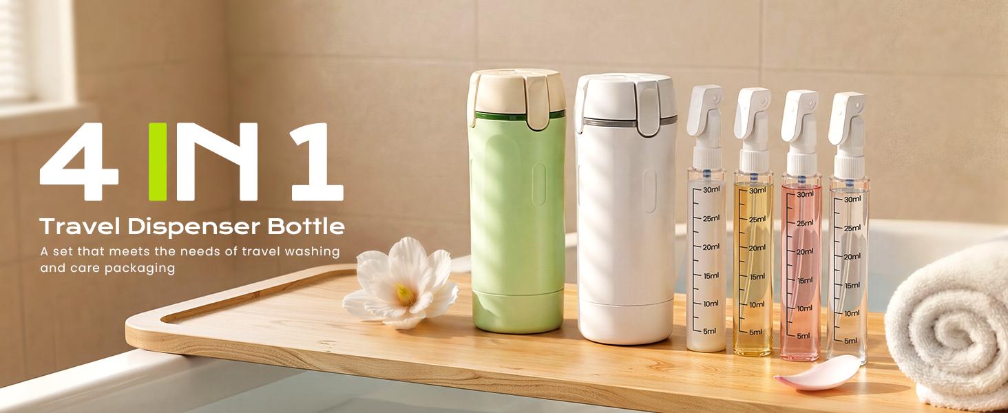 4 in 1 Travel Dispenser,4 Pack 30ML Travel Bottles for Toiletries,Refillable, Leak Proof and Portable,Suitable for Storing Shampoo, Shower Gel, Suitable for Travel, Camping (Green)