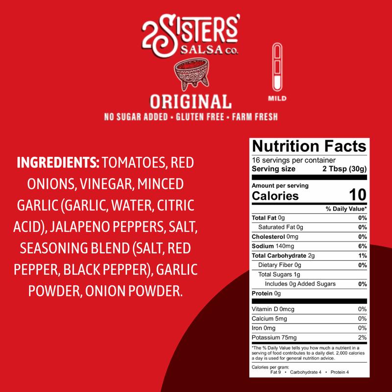 2 Sisters' Original Salsa - Farm-to-Table Freshness, No Sugar Added, Gluten-Free, Cajun-Inspired Dip, 16 oz Jar