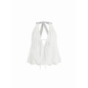 Cider Cotton Halter Neck Tie Front Bubble Hem Backless Top