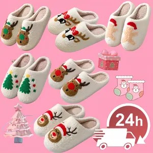 Classic Cartoon Santa Face House Slippers - Plush Fuzzy Cushioned Slippers for Indoor/Outdoor Wear - Cozy & Comfortable Footwear - Flipflop, Slide
