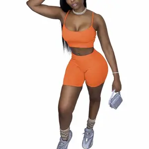 FYNE Women's 2-Piece Cotton-Polyester Spaghetti Strap Crop Top & Short Set, Women's Clothes, Minimalist Basic Slim Plain Design, Above-the-Knee Hem, Casual Fit, Machine Washable Soft Comfortable Day Outfit Clothes