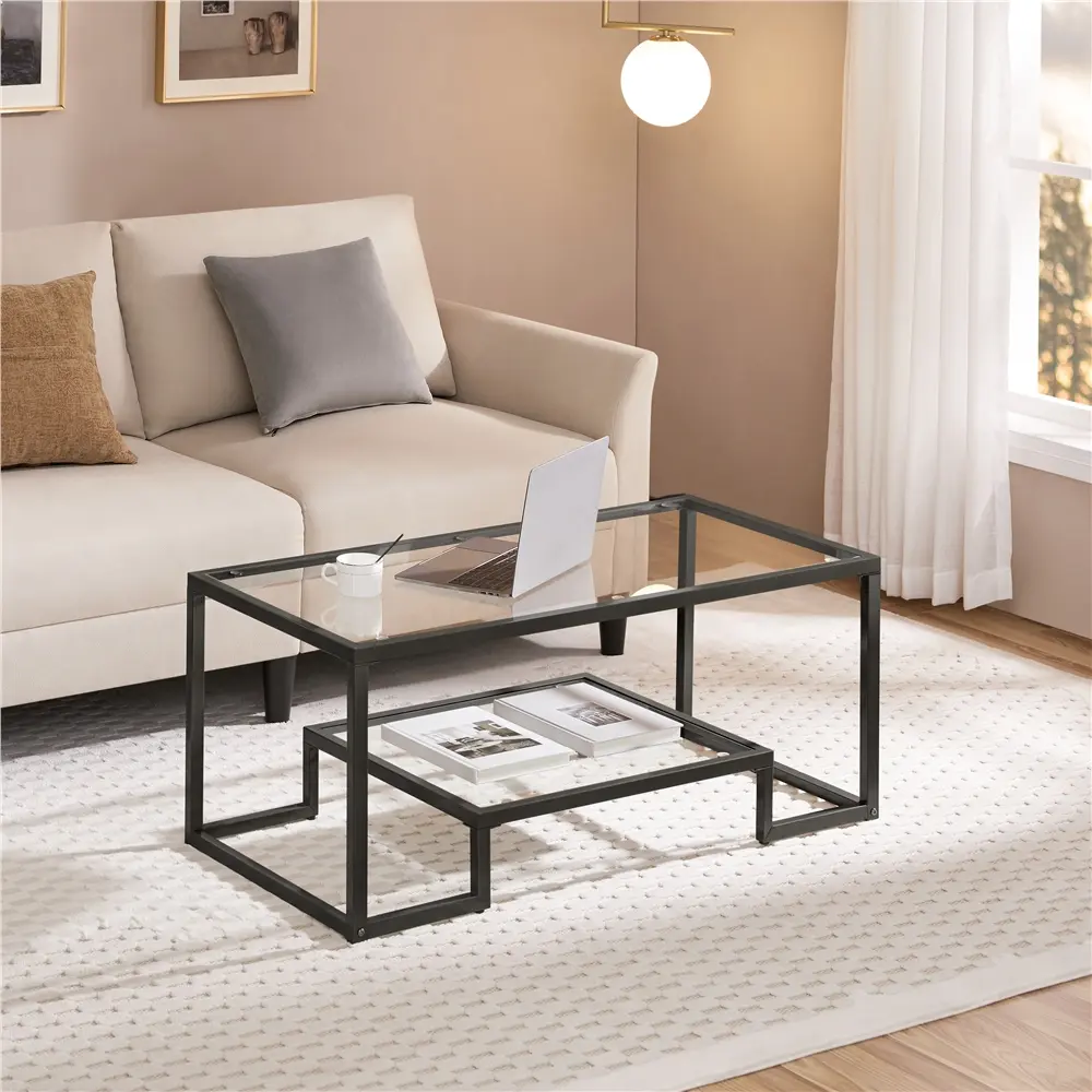Yaheetech 42'' Modern Rectangle Black Coffee Table - Tempered Glass Living Room Center Table with Geometric Design, Metal Frame, Easy Assembly & Open Storage Shelf for Room Decor, Living Room Tables, Rectangular Table