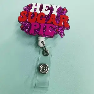 Retractable buckle, Retractable badge holder, pink glitter main body, printed with "HEY SUGAR PIE", with retractable structure and card clip, Retractable Badge Reel