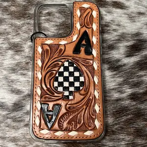 15 ProMax Handcrafted Leather Phone Case with Distinctive Checkerboard Design and Intricate Floral Embroidery